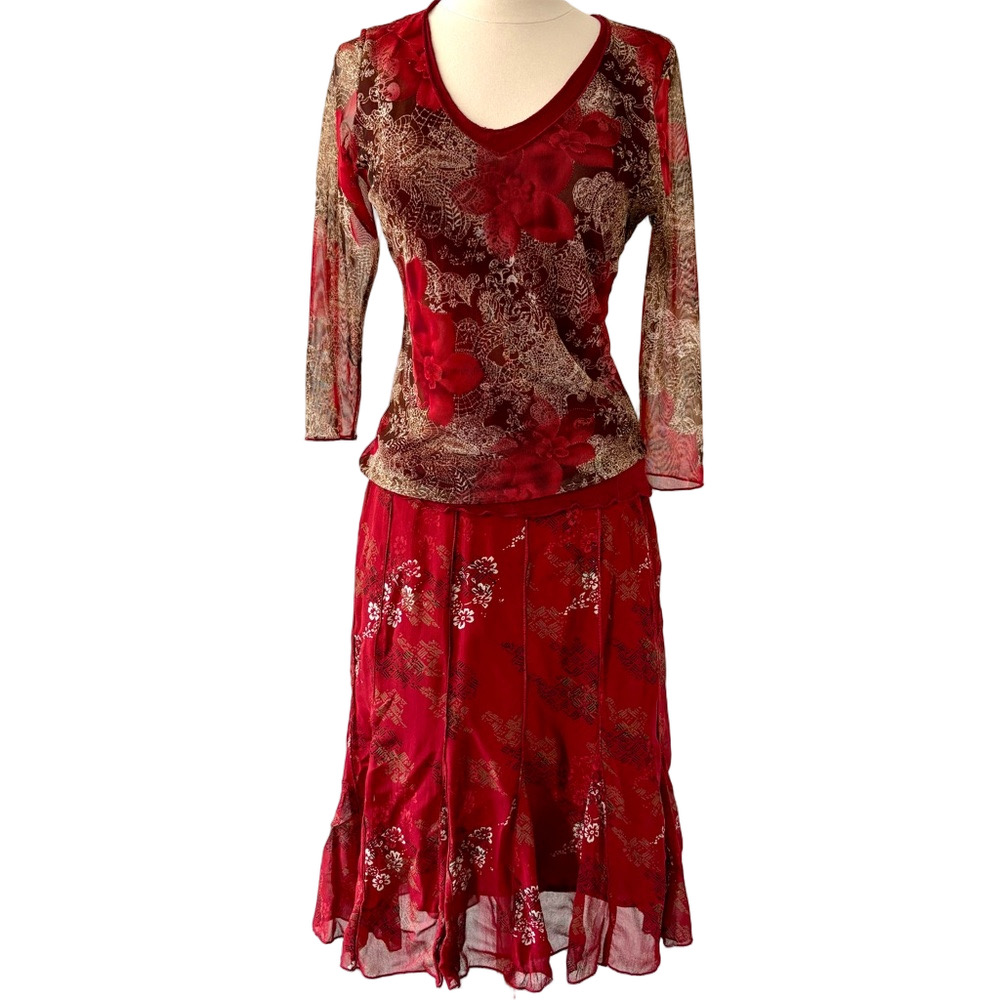 Y2K 1990s Red Floral Flouncy Rayon Skirt & Mesh Blouse 90s Set SM Size Small